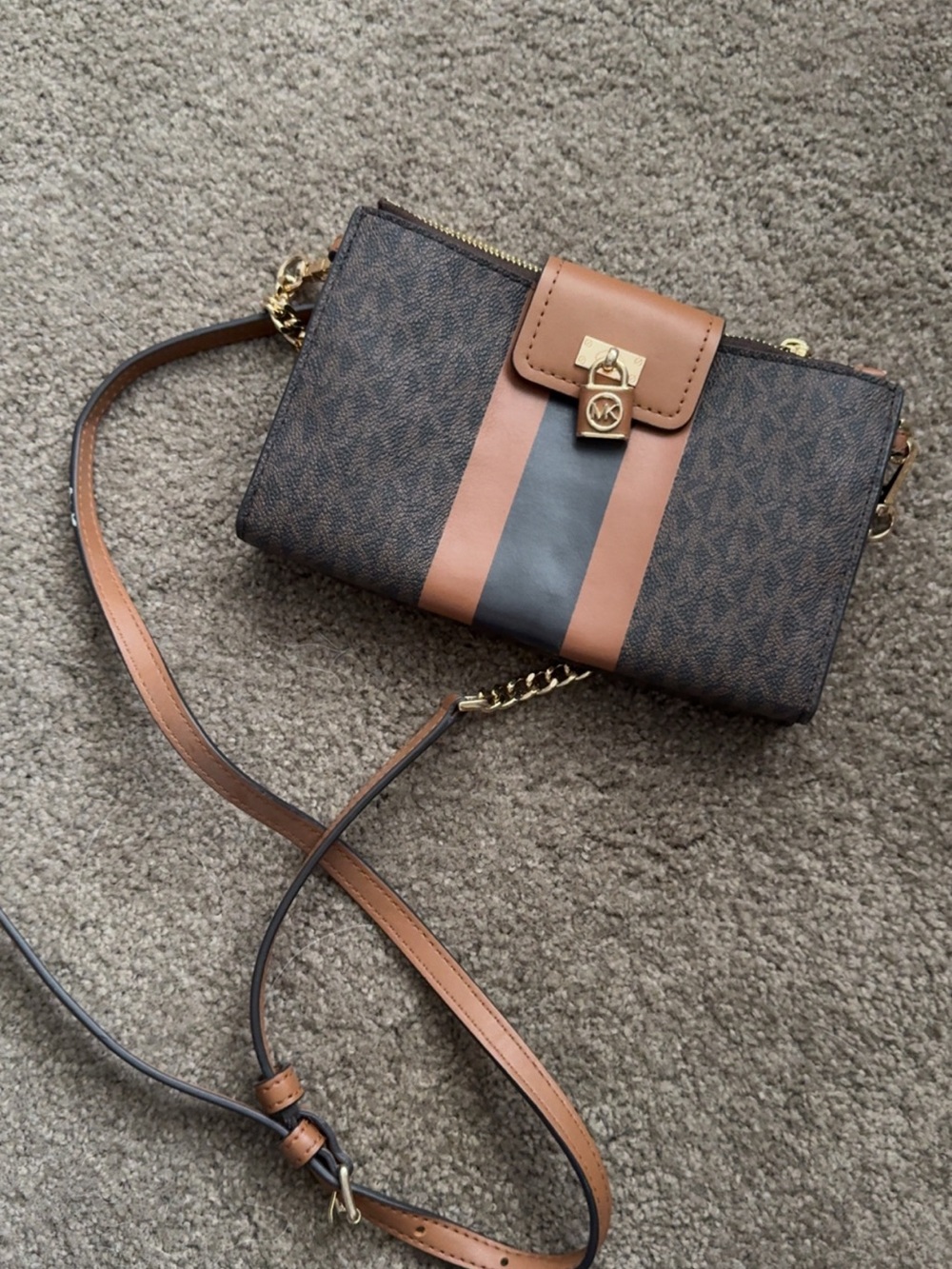 Michael Kors Brown Logo Crossbody with Tan and Black Center Stripe